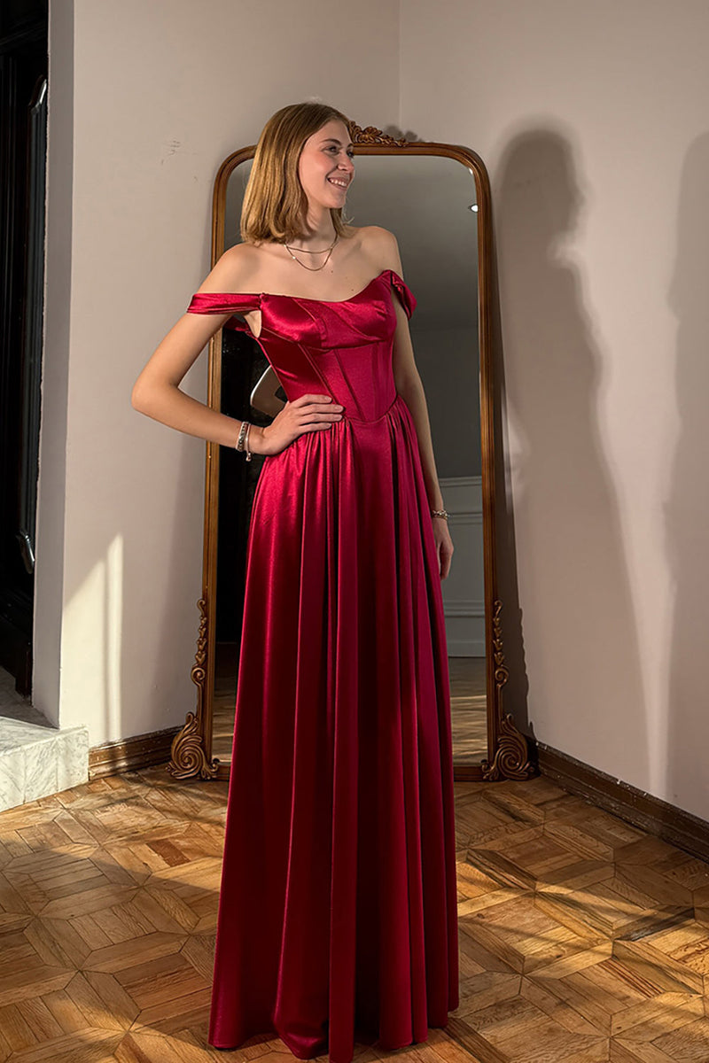Load image into Gallery viewer, Red Satin Off the Shoulder Long Corset Prom Dress
