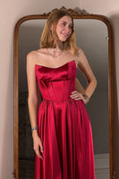 Load image into Gallery viewer, Red Satin Off the Shoulder Long Corset Prom Dress