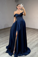 Load image into Gallery viewer, Sparkly Navy Off the Shoulder Long Corset Prom Dress with Slit