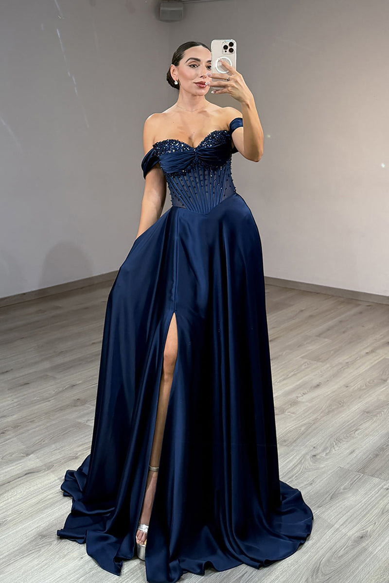 Load image into Gallery viewer, Sparkly Navy Off the Shoulder Long Corset Prom Dress with Slit
