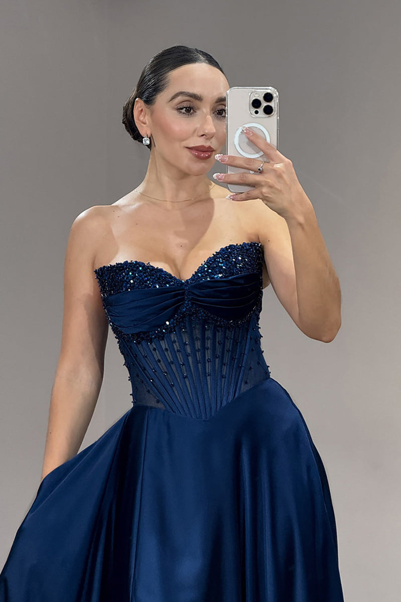 Load image into Gallery viewer, Sparkly Navy Off the Shoulder Long Corset Prom Dress with Slit