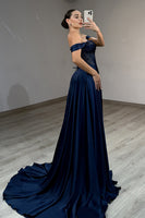 Load image into Gallery viewer, Sparkly Navy Off the Shoulder Long Corset Prom Dress with Slit