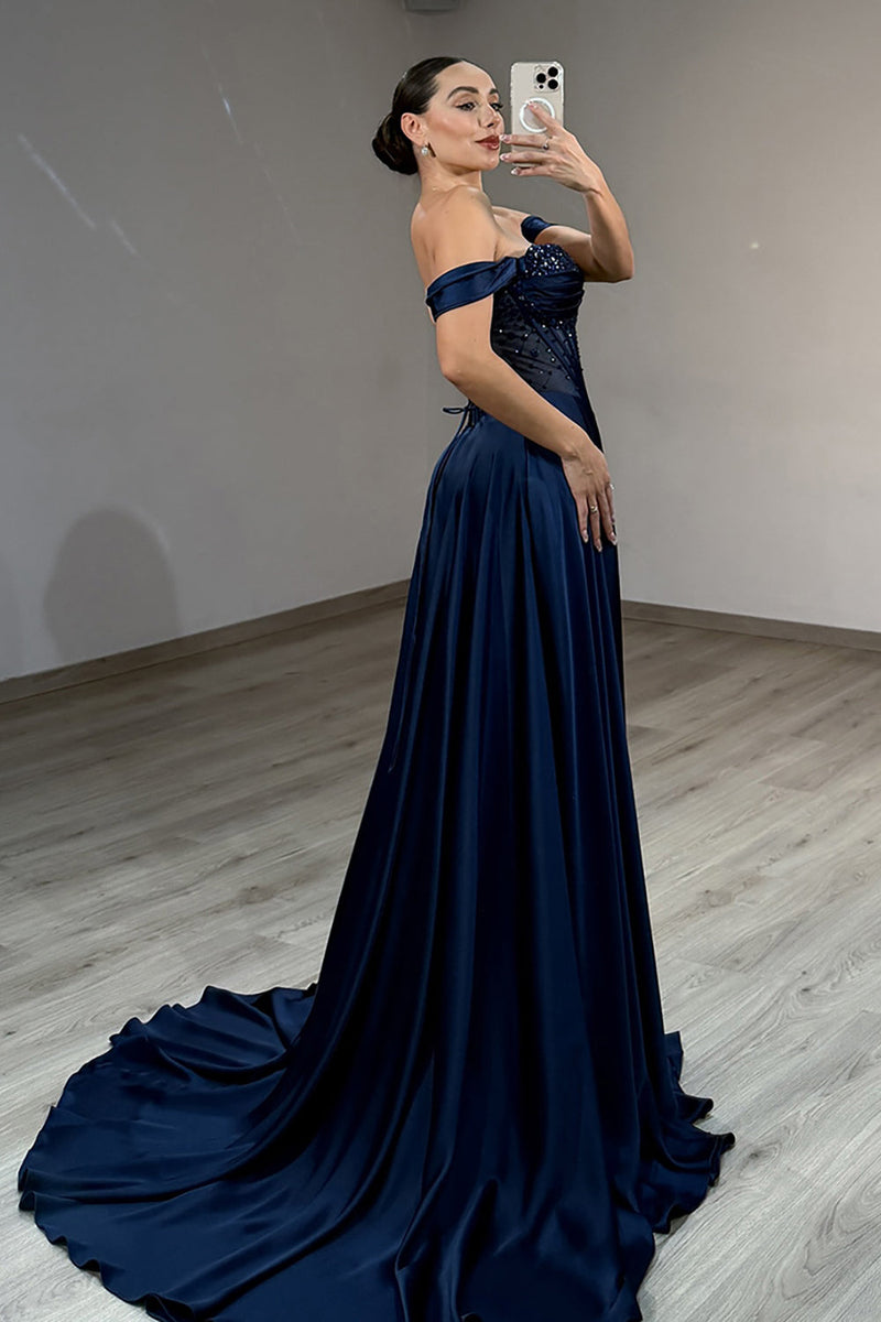 Load image into Gallery viewer, Sparkly Navy Off the Shoulder Long Corset Prom Dress with Slit