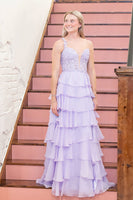 Load image into Gallery viewer, Light Purple V-Neck Ruffled A-Line Long Corset Prom Dress