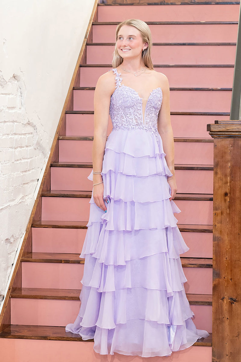 Load image into Gallery viewer, Light Purple V-Neck Ruffled A-Line Long Corset Prom Dress
