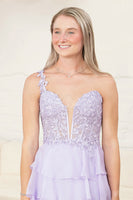 Load image into Gallery viewer, Light Purple V-Neck Ruffled A-Line Long Corset Prom Dress