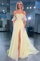 Load image into Gallery viewer, Yellow Chiffon Off the Shoulder Long Corset Prom Dress with Slit