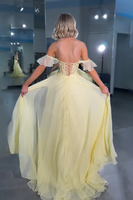 Load image into Gallery viewer, Yellow Chiffon Off the Shoulder Long Corset Prom Dress with Slit