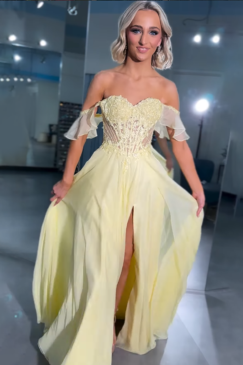 Load image into Gallery viewer, Yellow Chiffon Off the Shoulder Long Corset Prom Dress with Slit