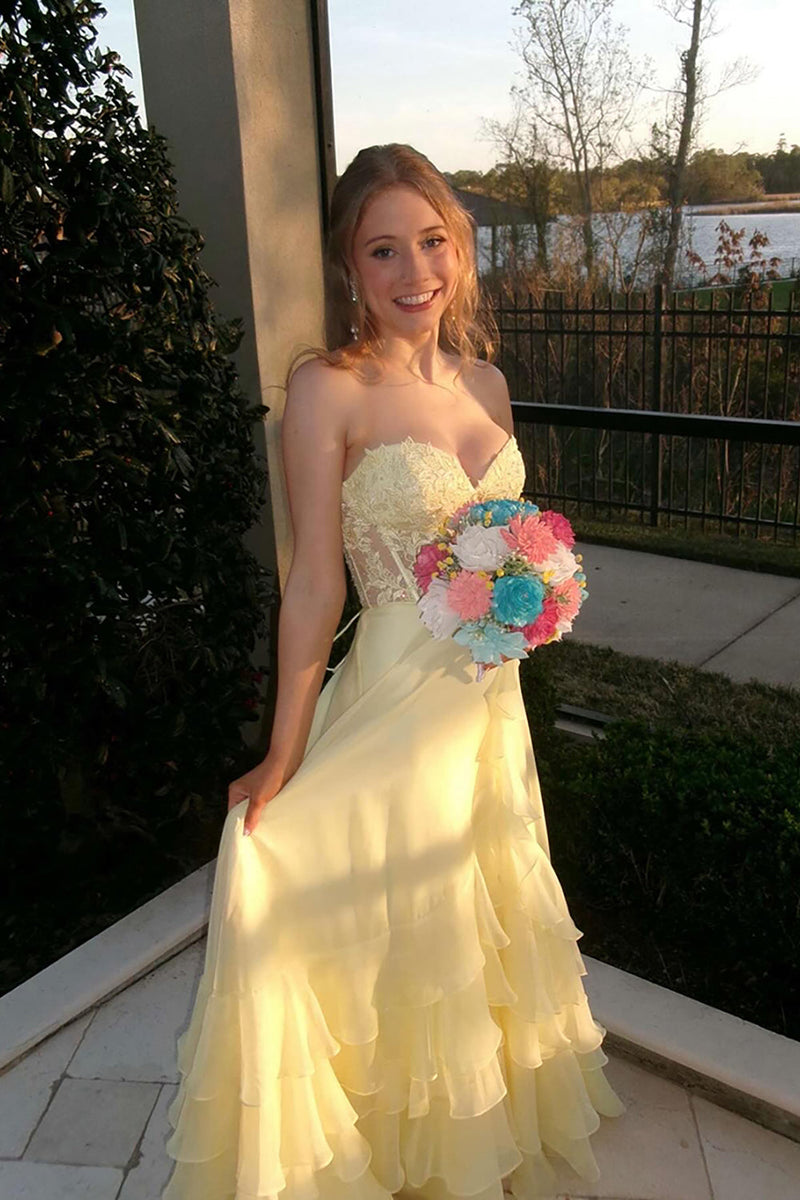 Load image into Gallery viewer, Yellow Sweetheart A-Line Long Corset Prom Dress with Ruffles