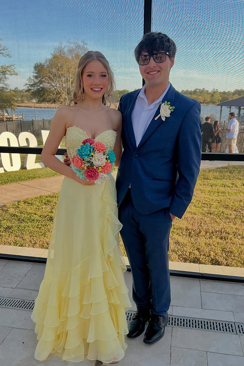 Load image into Gallery viewer, Yellow Sweetheart A-Line Long Corset Prom Dress with Ruffles