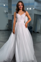 Load image into Gallery viewer, White Floral Thick Straps A-Line Long Prom Dress with Slit
