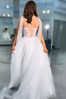 White Floral Thick Straps A-Line Long Prom Dress with Slit