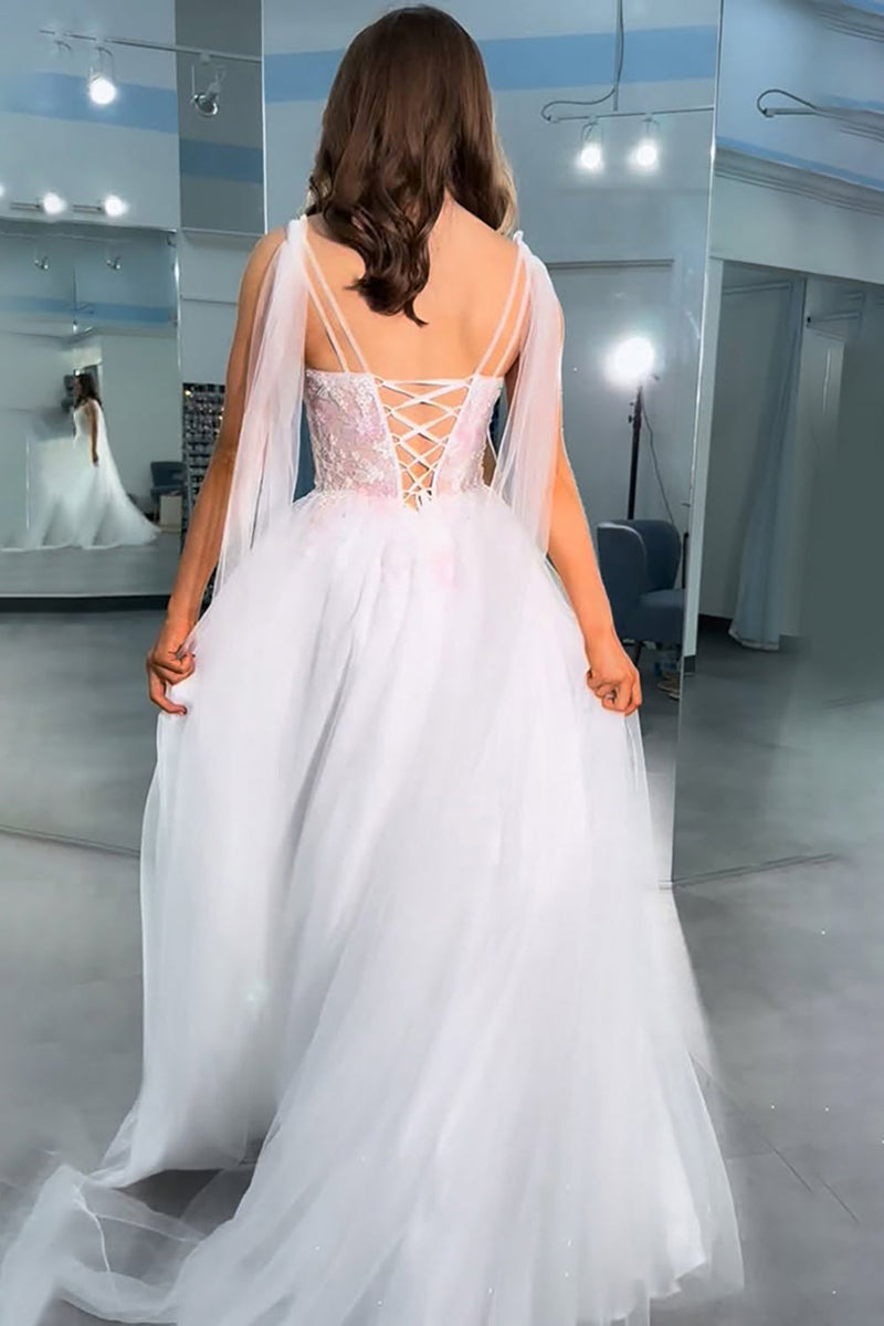 Load image into Gallery viewer, White Floral Thick Straps A-Line Long Prom Dress with Slit