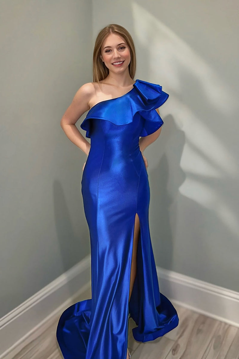 Load image into Gallery viewer, Royal Blue One Shoulder Ruffled Mermaid Long Prom Dress with Slit