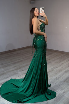 Sparkly Emerald Green Halter Neck Long Mermaid Prom Dress with Keyhole