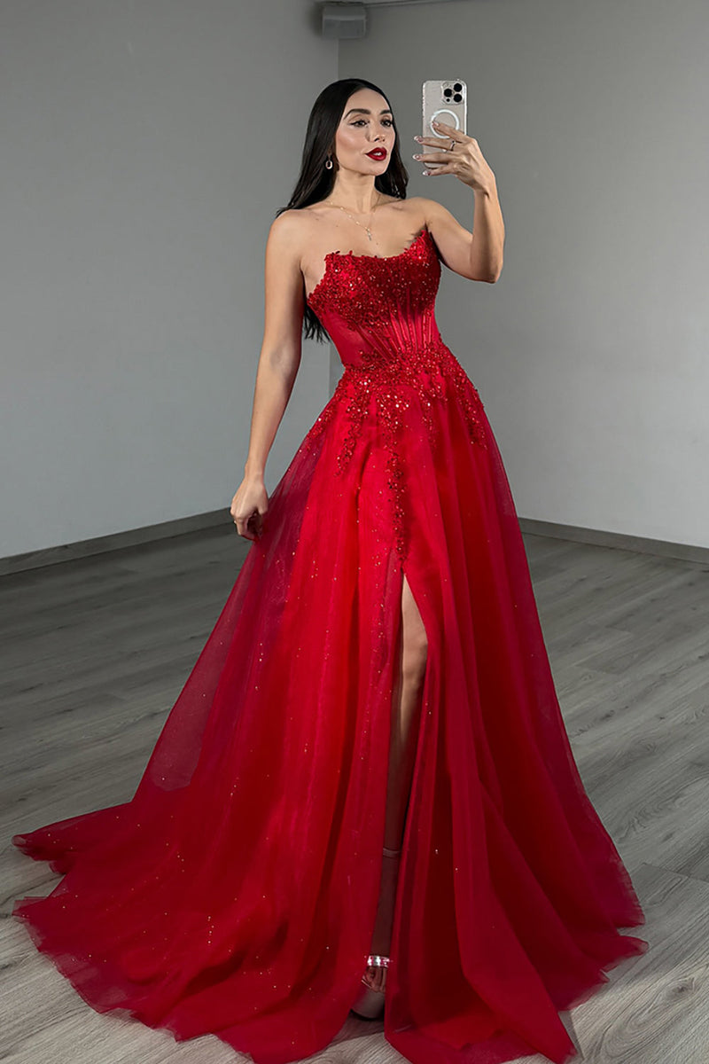 Load image into Gallery viewer, Sparkly Red Strapless A-Line Long Corset Prom Dress with Slit