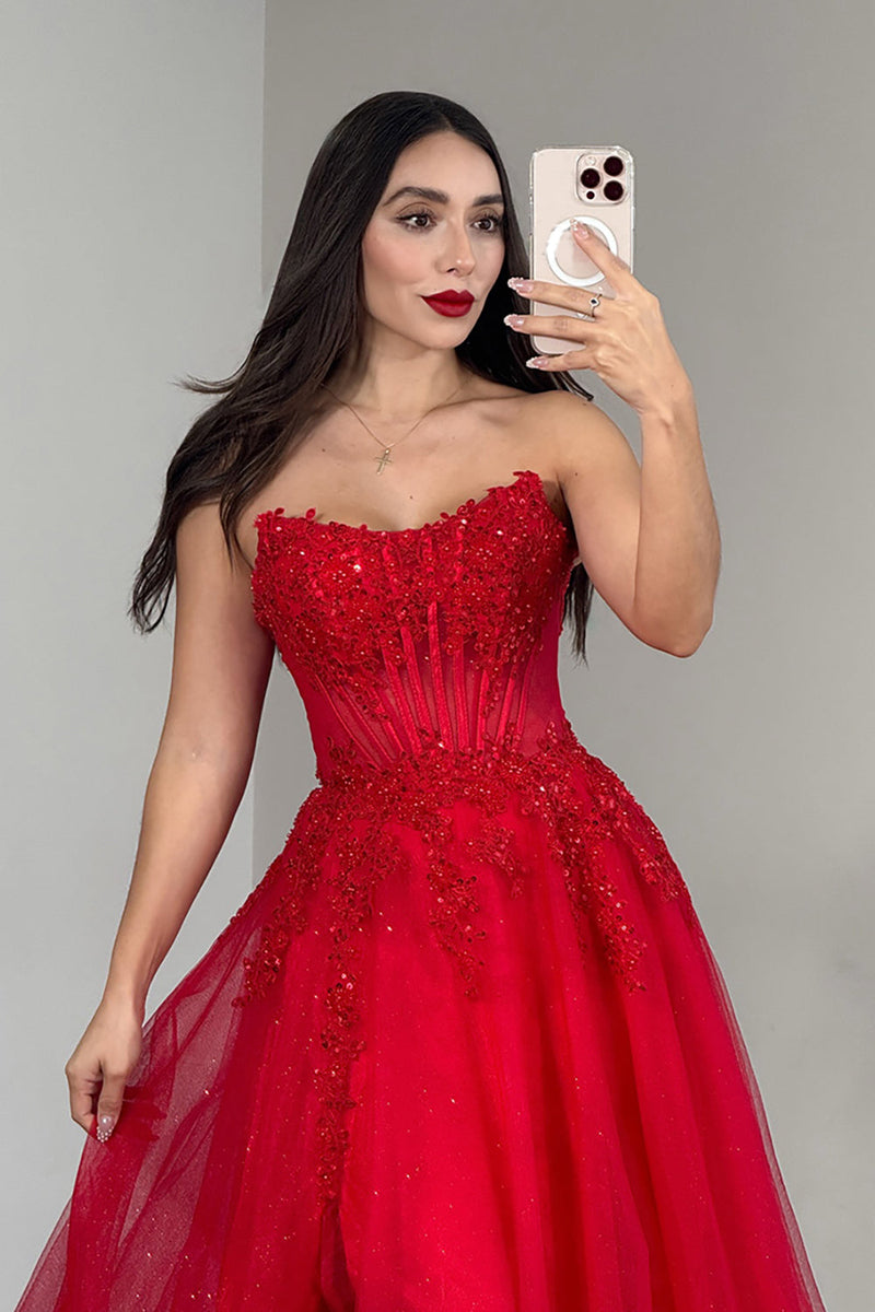 Load image into Gallery viewer, Sparkly Red Strapless A-Line Long Corset Prom Dress with Slit