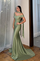 Load image into Gallery viewer, Sage Off the Shoulder Neck Scarf Mermaid Long Prom Dress