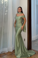 Load image into Gallery viewer, Sage Off the Shoulder Neck Scarf Mermaid Long Prom Dress