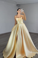 Load image into Gallery viewer, Yellow Strapless Ball Gown Long Corset Prom Dress with Slit
