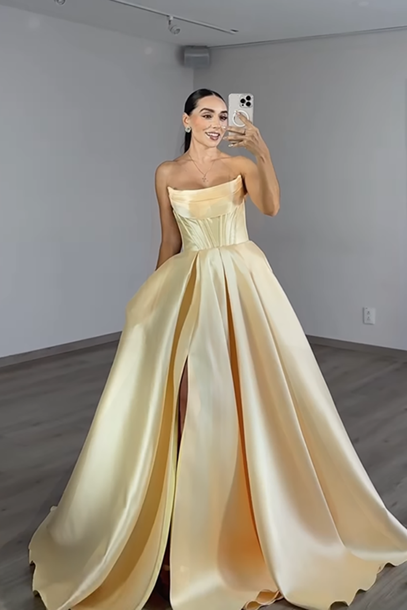 Load image into Gallery viewer, Yellow Strapless Ball Gown Long Corset Prom Dress with Slit