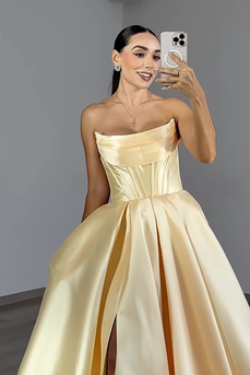 Yellow Strapless Ball Gown Long Corset Prom Dress with Slit