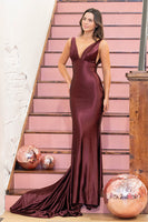 Load image into Gallery viewer, Maroon Satin V-Neck Mermaid Long Prom Dress