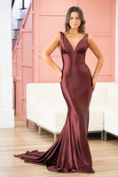 Load image into Gallery viewer, Maroon Satin V-Neck Mermaid Long Prom Dress