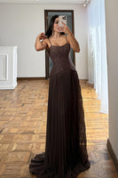 Load image into Gallery viewer, Grey Spaghetti Straps Pleated Long Corset Prom Dress