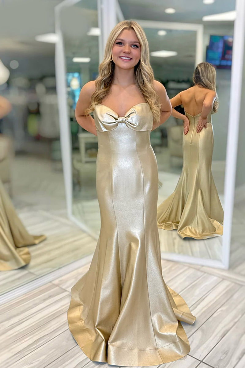 Load image into Gallery viewer, Gold Sweetheart Mermaid Long Prom Dress with Bow