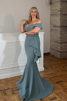 Load image into Gallery viewer, Sparkly Grey Chiffon Off the Shoulder Mermaid Long Mother of the Bride Dress