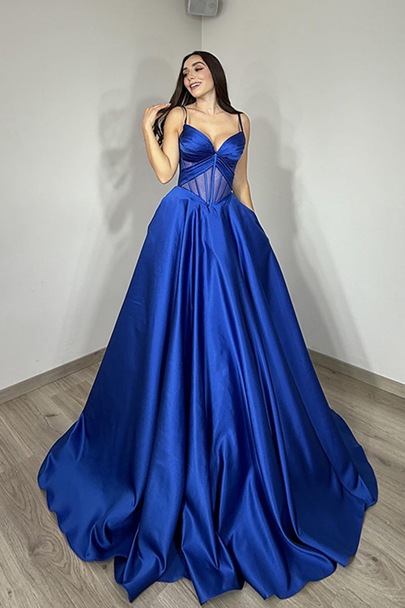 Load image into Gallery viewer, Royal Blue Spaghetti Straps Ball Gown Corset Long Prom Dress
