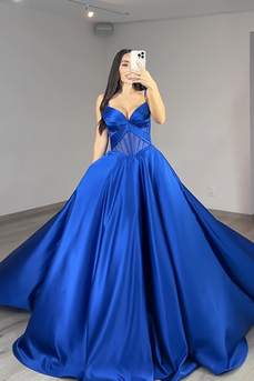 Royal Blue Spaghetti Straps Ball Gown Corset Long Prom Dress