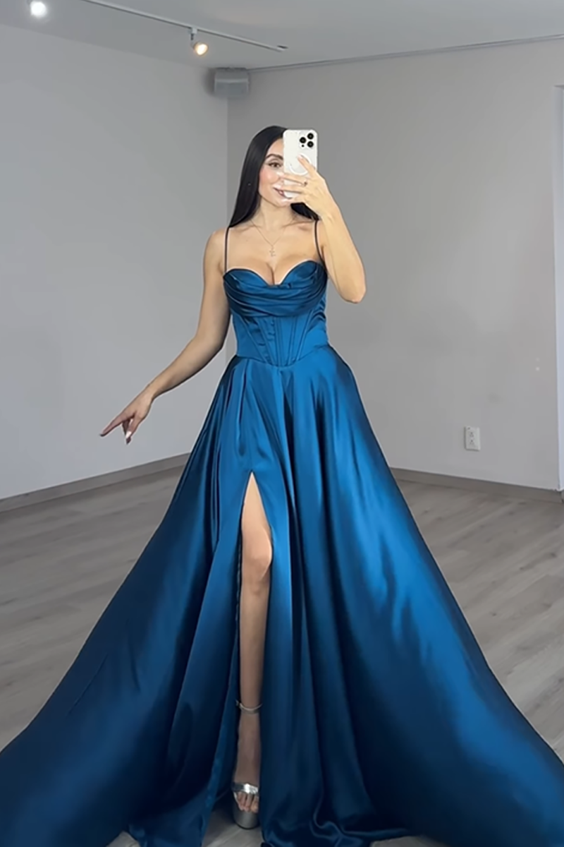 Load image into Gallery viewer, Dark Blue Spaghetti Straps A-Line Long Corset Prom Dress with Slit
