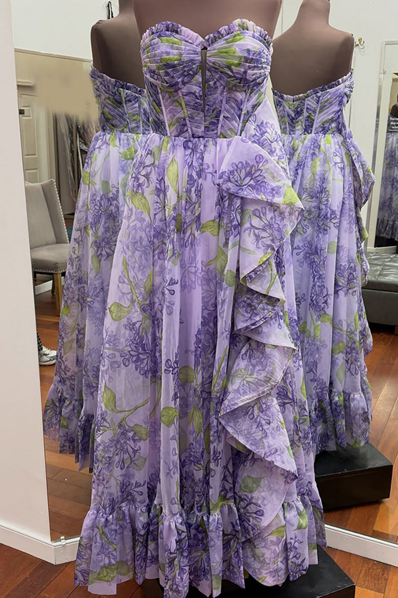 Load image into Gallery viewer, Purple Floral Sweetheart A Line Long Corset Prom Dress with Keyhole