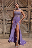 Load image into Gallery viewer, Sparkly Purple Neck Scarf Mermaid Long Corset Prom Dress with Slit