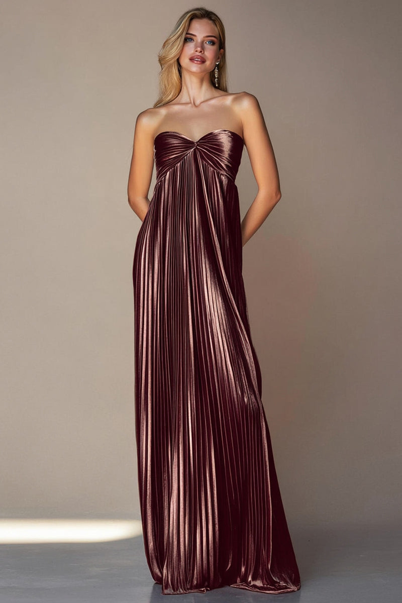Load image into Gallery viewer, Metallic Coffee Pleated Strapless Long Wedding Guest Dress