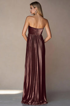 Metallic Coffee Pleated Strapless Long Wedding Guest Dress