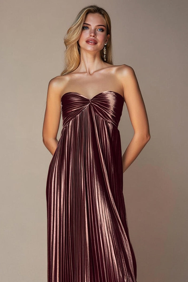 Load image into Gallery viewer, Metallic Coffee Pleated Strapless Long Wedding Guest Dress