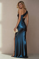 Load image into Gallery viewer, Dark Blue One Shoulder Sheath Long Wedding Guest Dress with Slit