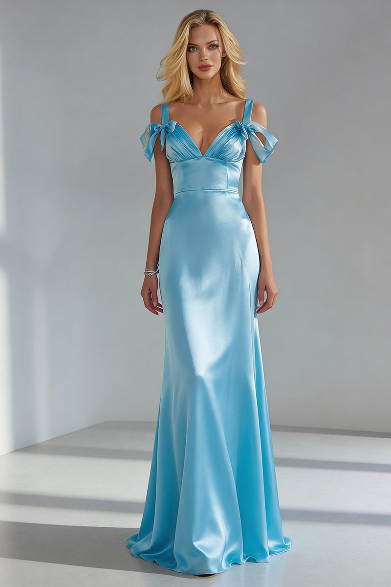Load image into Gallery viewer, Sky Blue Cold Shoulder Sheath Long Wedding Guest Dress with Bow