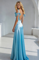 Load image into Gallery viewer, Sky Blue Cold Shoulder Sheath Long Wedding Guest Dress with Bow
