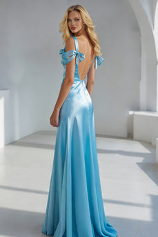 Sky Blue Cold Shoulder Sheath Long Wedding Guest Dress with Bow