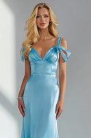 Load image into Gallery viewer, Sky Blue Cold Shoulder Sheath Long Wedding Guest Dress with Bow