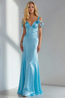 Load image into Gallery viewer, Sky Blue Cold Shoulder Sheath Long Wedding Guest Dress with Bow