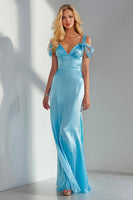 Load image into Gallery viewer, Sky Blue Cold Shoulder Sheath Long Wedding Guest Dress with Bow