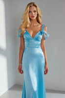 Load image into Gallery viewer, Sky Blue Cold Shoulder Sheath Long Wedding Guest Dress with Bow