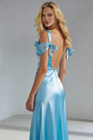 Load image into Gallery viewer, Sky Blue Cold Shoulder Sheath Long Wedding Guest Dress with Bow