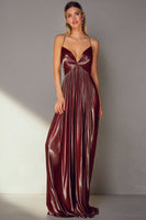 Load image into Gallery viewer, Coffee Pleated Spaghetti Straps Long Wedding Guest Dress
